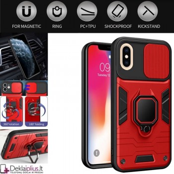Smūgiams atsparus dėklas su žiedu ir  kameros apsauga - raudonas (telefonui Apple Iphone X/XS)